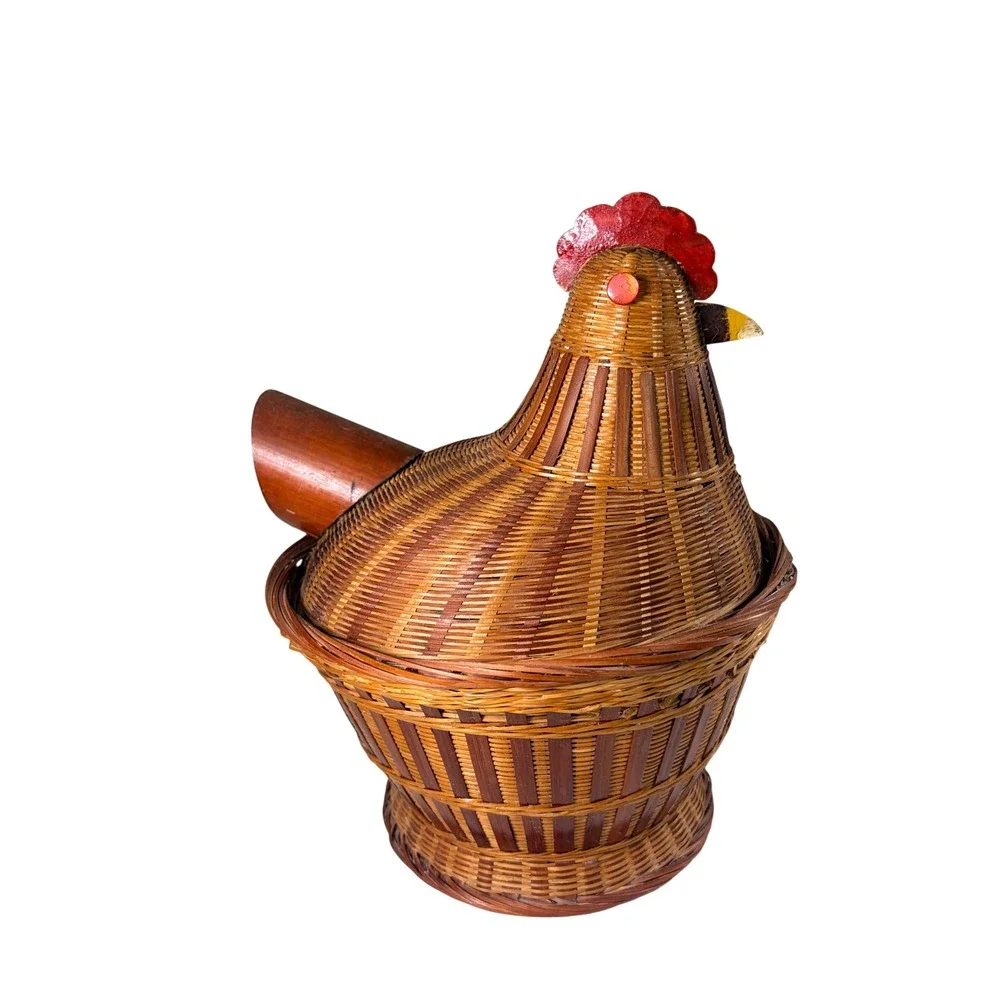 Vintage Woven Bamboo Hen on Nest Chicken Basket Farmhouse Decor Brown 2 Piece